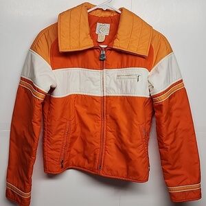 Roffe VINTAGE 80's Bright Orange White Sz 12 Ski Jacket.  Zip Front. Ski Bunny.